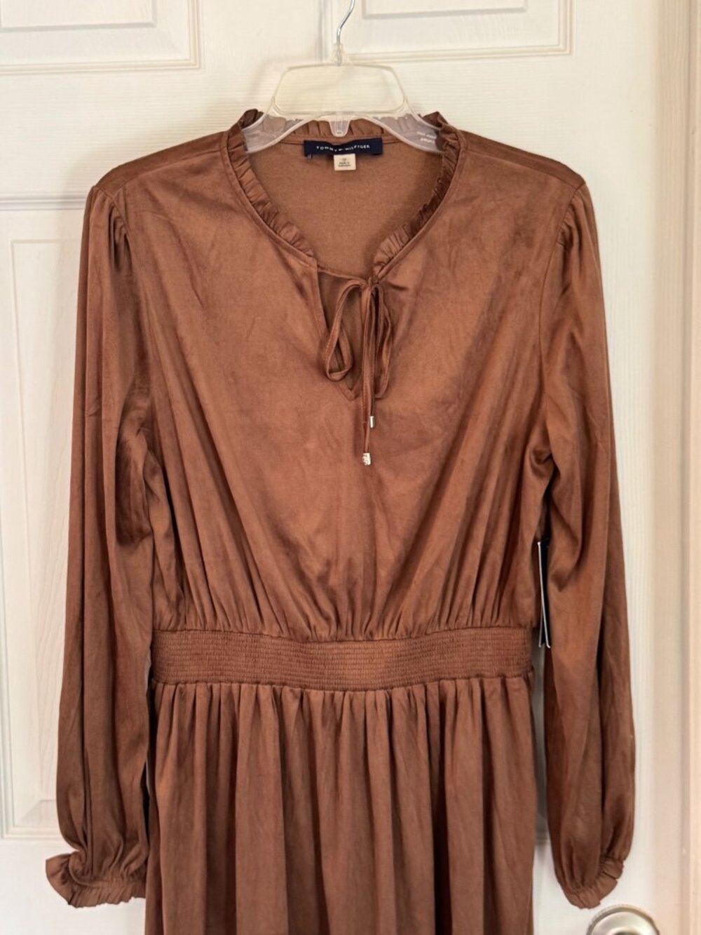 Tommy Hilfiger Women's 12 Faux Suede Dress Walnut Brown Ruffle Tie NWT - Picture 3 of 10